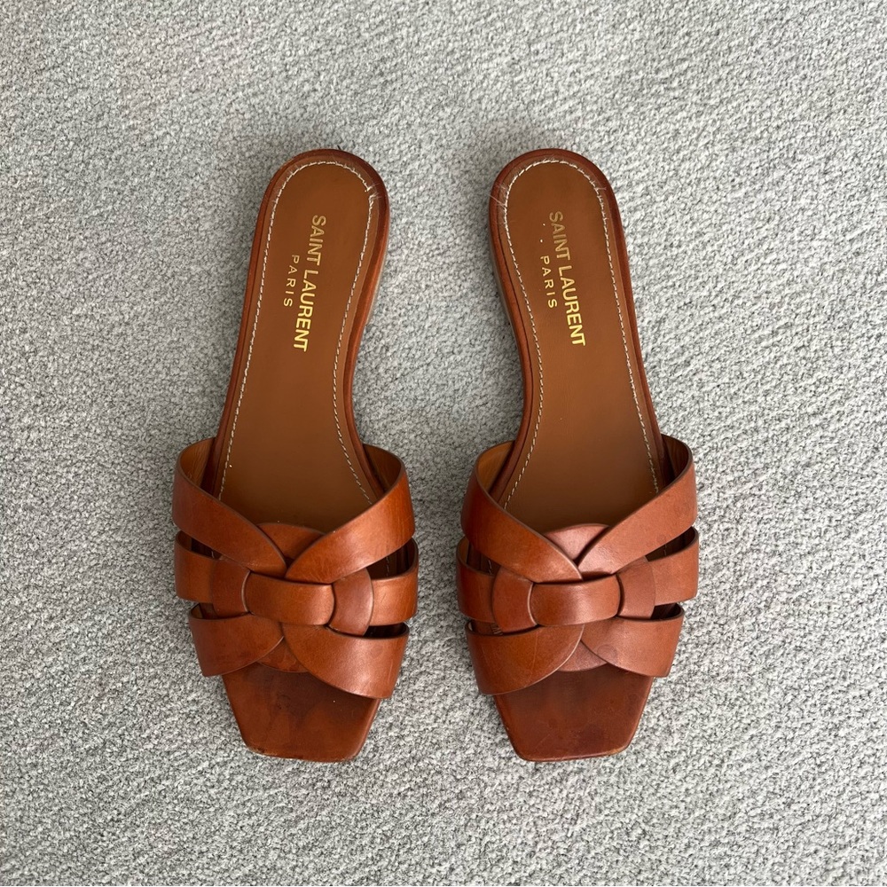Saint Laurent Brown Leather tribute slide